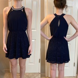 Blue Rain Pearl bead dress dark blue lace lined high quality not fast fashion